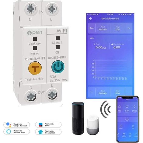 Medidor de energía WiFi 2P 63A para riel DIN, medición inteligente de consumo de kWh, interruptor de circuito - KZQ