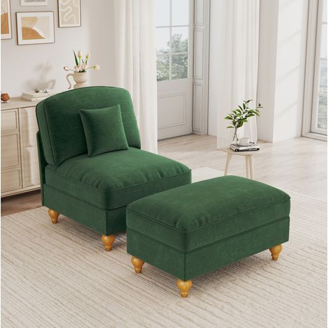 CHICFURN Sillón lounge de chenilla verde con reposapiés móvil y faldón fruncido (1/5)