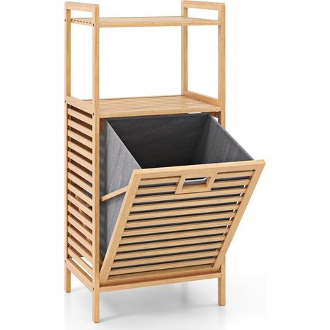 Estante de baño de bambú con cesta de ropa plegable, 2 estantes (1/5)