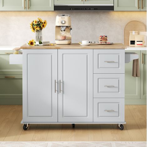 Desserte de cuisine 137x43x92 cm grise en MDF avec plateau rabattable et roulettes (1/5)