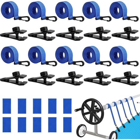 Fixation pour Bâche Solaire de Piscine,10 Pièces Kit de Sangles de Couverture Solaire,Enrouleur de Couverture Solaire,Sangles de Fixation,Pinces,pour Couvertures de Bâches de Piscine (1/5)