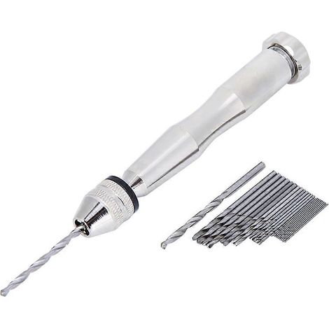 Handbohrmaschine mit Spannfutter (0,3 mm–3,6 mm) und 25 HHS-Bohrern für Holzbohrungen, silberfarben