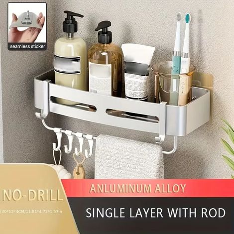 (1 Silver Square HR) 1 étagère de rangement murale d'angle en aluminium sans perçage pour salle de bain - Idéale pour ranger shampoing, gel douche et cosmétiques. (1/5)