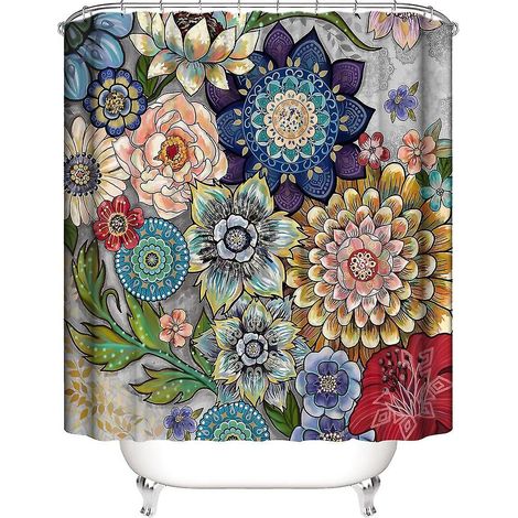 Rideau de douche - Fleurs colorées, art naturel - 180 x 200 cm - Lavable - Anti-moisissure - Imperméable - Avec 12 anneaux - Rouge, vert, bleu, marron, jaune (1 pièce) (1/4)