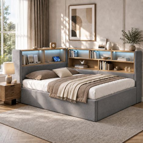 Letto contenitore 140x190 cm velluto grigio LED USB Type-C rete a doghe - CHICFURN (1/5)