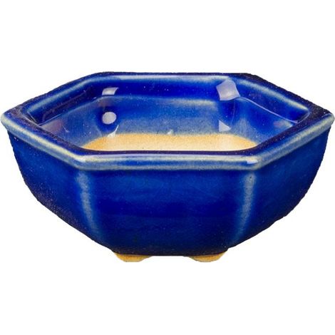 Vaso per bonsai esagonale in gres smaltato blu 6x6x2,5 cm - SF9