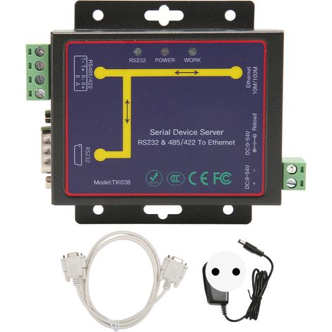 RS232/RS485/RS422 Ethernet-Seriell-Konverter, 10/100M RJ45-Anschluss, TCP/IP-Server, 300–230/400 bps, 100–240 V EU-Netzteil
