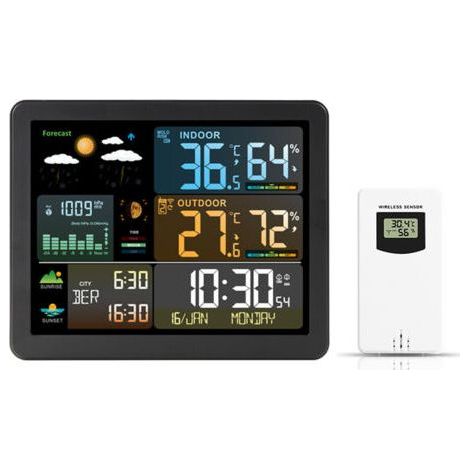 Color Screen Weather Clock, Electronic Clock, Indoor Outdoor Thermometer and Hygrometer, RF Wireless Weather Forecast Alarm Clock (1/2)