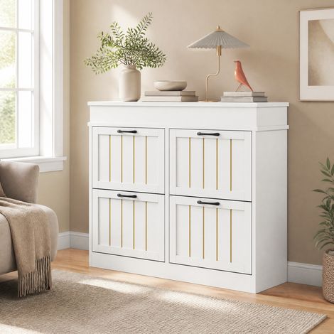 Mobile porta scarpe con 4 ante ribaltabili, 8 scomparti, MDF bianco 105 x 24 x 83 cm HAVRYA (1/5)