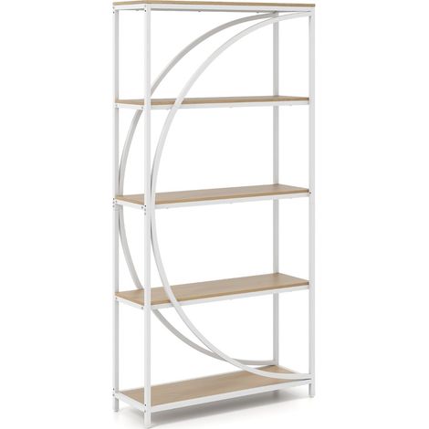 Libreria geometrica con ripiani in legno aperti e struttura in metallo