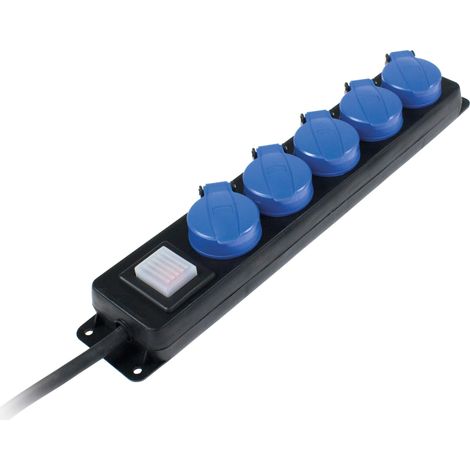 Multiprise 5 Prises avec Interrupteur, Prises de Contact de Protection avec couvercles à Rabat, câble de 1,5 m, multiprise pour l'extérieur 230 V, 16 A, IP44, Noir, Bleu 38631 (1/5)