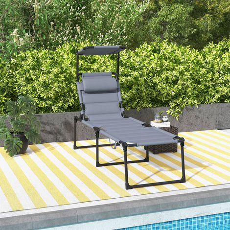 Gartenliege mit verstellbarem Sonnendach, 4-fach verstellbarer Rückenlehne und Kopfstütze für Terrasse und Garten, 70 x 200 x 45 cm, Grau
