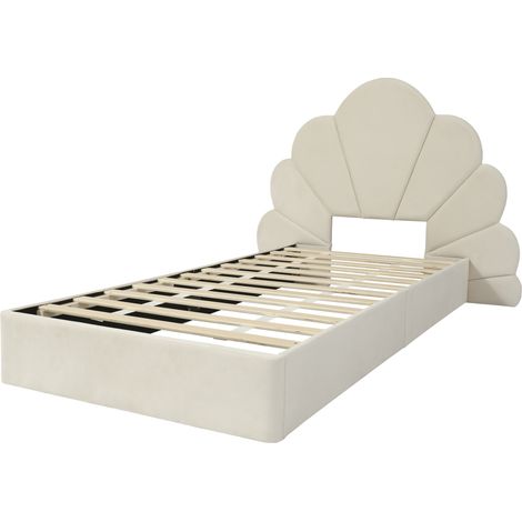 Cama individual capitoné de terciopelo beige 90x200 cm, cabecero floral, MODENUIT (1/5)