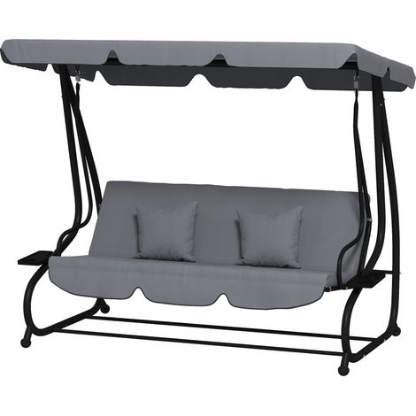 Balancelle jardin 3 places convertible toit inclinaison réglable 2 tablettes acier gris foncé 2 x 1,2 x 1,64 m (1/5)