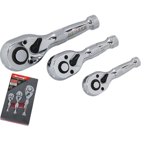 Neilsen Stubby Socket Ratchet Handle Set 1/4" 3/8" 1/2" 72T Set In EVA Foam 3pc (1/2)