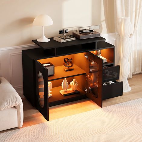 Commode avec Éclairage LED Noir ,2 tiroirs et  Portes Verre Ovale,Frontaux Haute Brillance pour Chambre/Salon/Salle à Manger