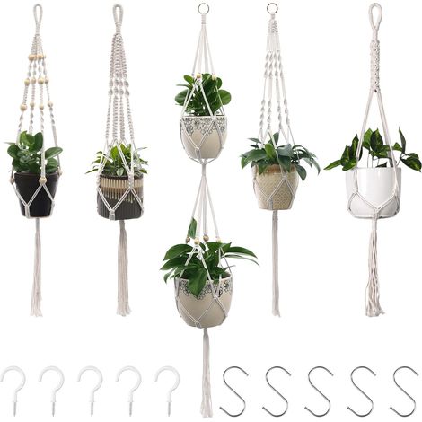 Porte plantes et étagère à plantes, Suspension Plante de Macramé, Pot Suspendu pour Fleur, Suspendus Corde en Coton Pot, Lot de 5