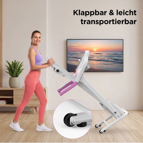 Cinta de correr plegable 2,5 HP con inclinación, asas y pantalla LED, blanco y rosa DESVIAE (1/5)