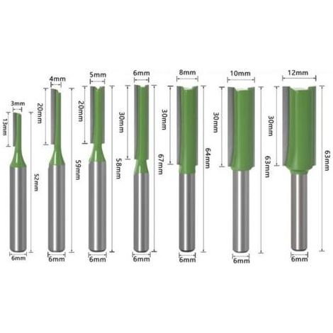 Lot de 7 fraises à bois professionnelles (3-12mm) - Tige 6mm double cannelure - Pour défonceuse & menuiserie (1/4)