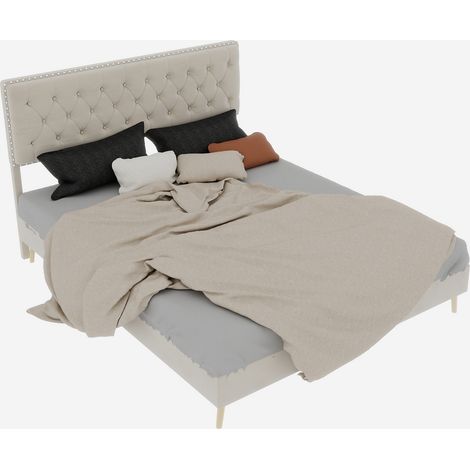 Letto Matrimoniale 160 x 200 cm in Tessuto, Testiera Alta con Borchie, senza Materasso, Beige (1/5)