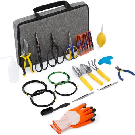 Kit d'outils pour bonsaï de 24 pièces – Le grand kit de démarrage pour débutants avec ciseaux, pincette, fil pour bonsaï, gants de jardin, râteau et pelle – Kit d'outils de démarrage (1/5)