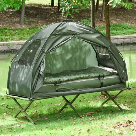 Ensemble tente de camping avec lit de camp, sac de couchage et matelas, vert foncé