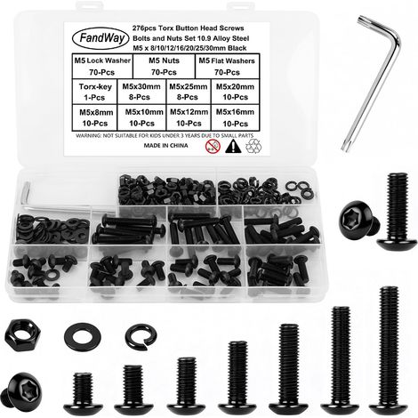 276 Pièces Vis à Métaux et écrous,M5 Vis à Tête Ronde Torx,Boulon et écrous Rondelles,Boulons Tete Bombée Entièrement Filetées en Acier Carbone Noir Avec Clé T25 (1/5)