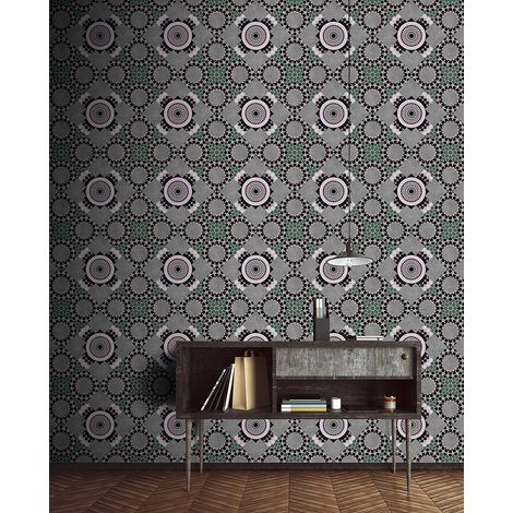 Papier peint panoramique gris géométrique | Tapisserie panoramique motif mandala idéale couloir | Papier peint panoramique moderne illusion d'optique - 270 x 400 cm (4 pièces) (1/5)