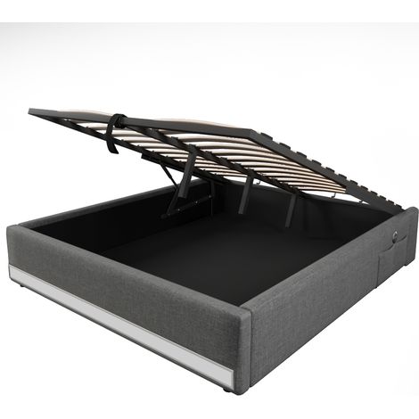 Cama canapé tapizada 140 x 200 cm gris con LED, USB-C y bolsillos laterales sin cabecero (1/5)