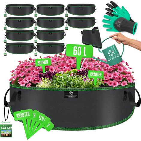 KESSER® Pflanzsack 60 Liter (60x25) - 10er Set aus Vlies mit Namensschildern, Sichtfenster & Griffen – ideal für Gemüse, Blumen & Obst  - Schwarz