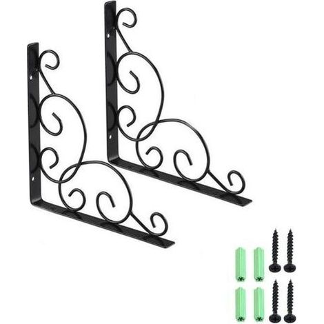 Equerre D'étagere en Fer Forgé, 2 Pièces Équerres pour Étagère de Jardin, Équerre pour Étagere Murale en Fer, Équerre de Support D'étagère, pour Cuisine Salle de Bain Bureau Restaurant (Noir) (1/5)