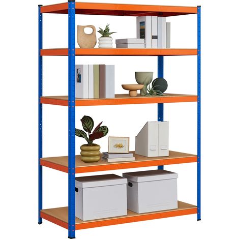 Yaheetech Scaffale in Metallo Portata 875 kg a 5 Ripiani Scaffalattura 180 x 120 x 60 cm Senza Viti Regolabile Mensola in Acciaio Salvaspazio Garage Cucina Magazzino Blu-Arancio (1/5)