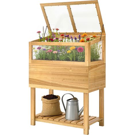 Potager surélevé bois avec couvercle à charnières, étagère, tissu non tissé, 120x80x80cm