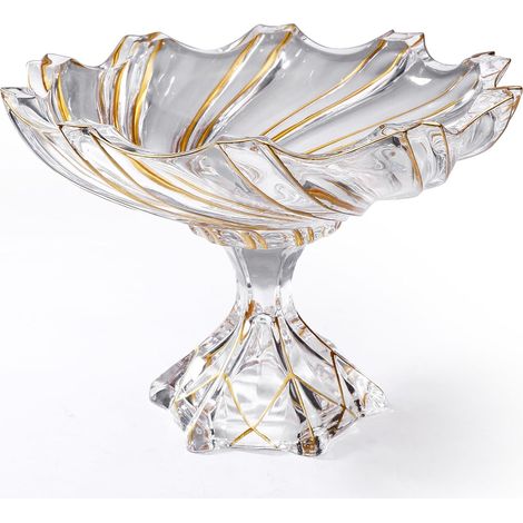 Grand bol décoratif en verre de cristal peint à la main en forme de tourbillon doré - 32 cm de diamètre - Bol en verre sur pied pour comptoir de cuisine et centre de table à manger (1/5)