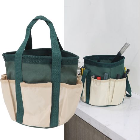 Sac à outils de jardin portable rond en forme de tonneau, accessoires de jardinage, sac de rangement pratique en tissu Oxford à 6 poches, vert et beige (1/5)