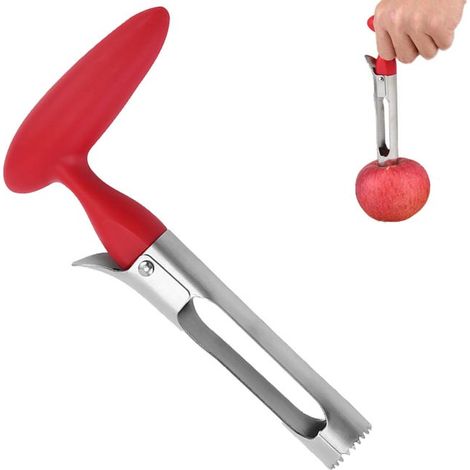 Descorazonador de manzanas de acero inoxidable, fácil de quitar, mango de ABS, hoja dentada, para manzanas, peras y piñas, cocina y hogar, 18 cm, rojo (1/5)