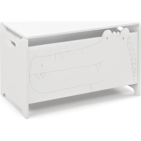 Coffre à jouets enfant blanc en bois avec charnière de sécurité, poignées et pieds surélevés, pour chambre et salle de jeux (1/5)