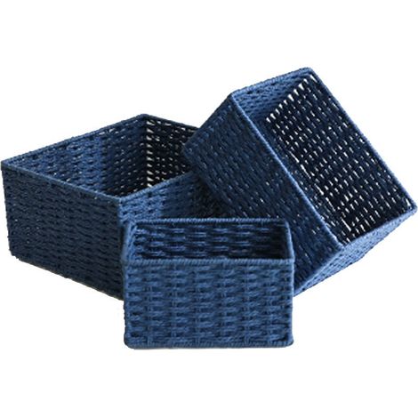 Panier en osier pour le rangement, lot de 3 paniers en corde naturelle tissés à la main, boîte de rangement décorative (bleu) (1/5)