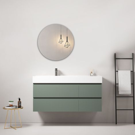 Mobile bagno sospeso cannettato 120 cm Verde Salvia Lavabo a Sinistra in Resina Specchio Tondo - Fiji Paint (1/4)