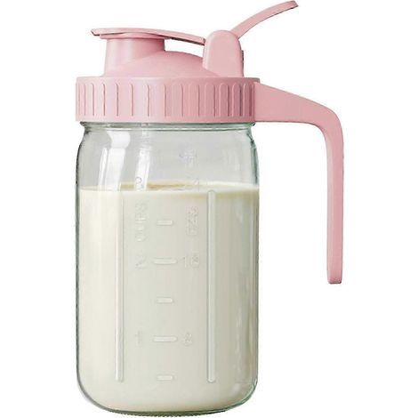 Pichet Mason en verre rose de 950 ml avec couvercle à clapet et bec verseur - Pichet étanche pour la conservation du lait maternel frais, carafe en verre pour thé glacé infusé à froid (1/5)