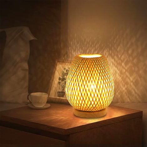 Lampada da tavolo in bambù intrecciato, paralume in bambù, illuminazione decorativa da tavolo, luce notturna per camera da letto, 23 x 38 cm