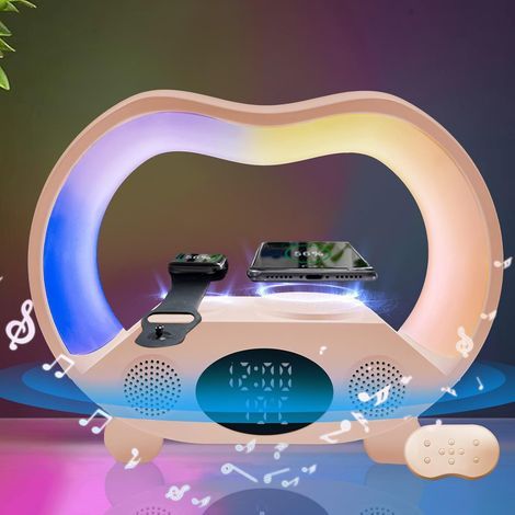 Réveil Lumière Bluetooth, Réveil Lampe de Chevet, Lampe de Table LED avec Haut-Parleur Bluetooth, Veilleuse à Intensité Variable 19 Couleurs, Chargeurs Sans fil 10W, Veilleuse (Rose) (1/5)