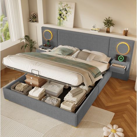 Cama tapizada de terciopelo 180x200 cm con cabecero LED, puertos USB y arcón hidráulico gris OKWISH (1/5)