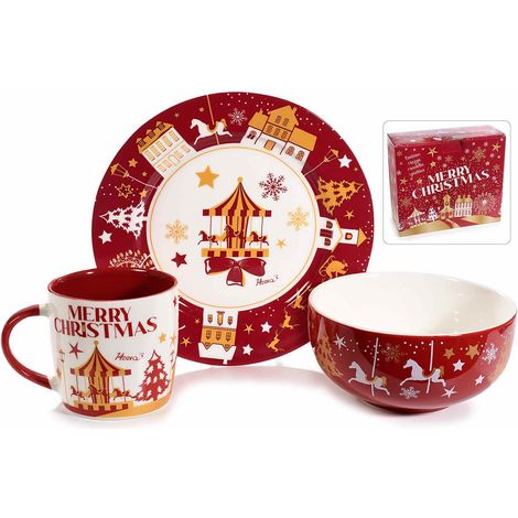 Set regalo accessori da cucina con piatto, tazza e scodella con decorazioni carosello natalizio e scritta Merry, set da 2 pezzi, Piatto: Ø 19 cm