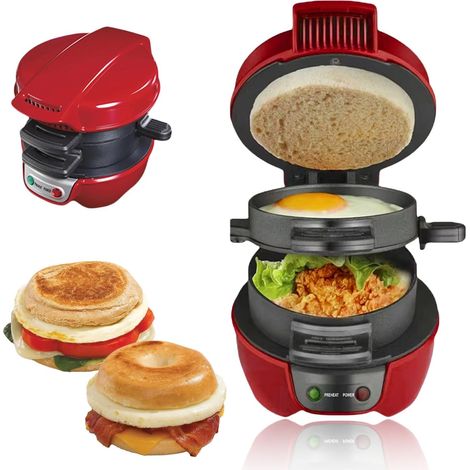 Sandwichera, parrilla para sándwiches y hamburguesas, con cuenta regresiva digital, apta para lavavajillas, perfecta para hamburguesas, refrigerios y desayunos rápidos (roja) (1/5)