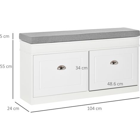 Banc à chaussures en bois peu encombrant (avec coussin), 2 tiroirs et étagère réglable (peut contenir 8 paires de chaussures), 104 x 24 x 55 cm, blanc. (1/5)