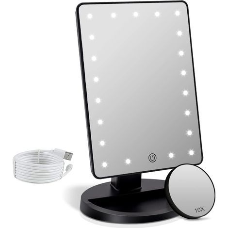 Schminkspiegel mit LED-Beleuchtung, 1-facher/10-facher Vergrößerung, beleuchteter Tisch-Schminkspiegel, 180°-Drehung, einstellbare Helligkeit, tragbarer Kosmetikspiegel (schwarz) (1/5)