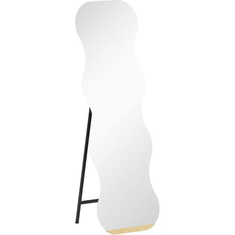 Miroir sur pied design ondulé sans cadre en verre HD avec base en pin 160 x 50 cm, noir (1/5)