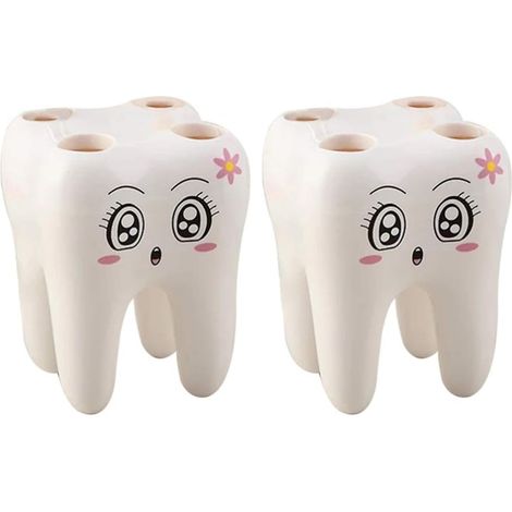 Set di 2 portaspazzolini a forma di dente, con 4 fori e decorati con personaggi dei cartoni animati. (1/5)