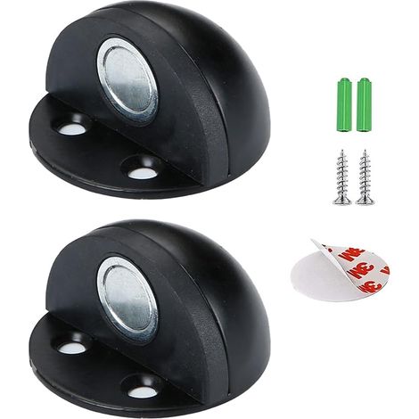 Tope magnético para puerta, tope de acero inoxidable, adhesivo con tornillos de montaje y pegamento 3M, tope de pared amortiguador para evitar daños (2 unidades, color negro). (1/5)